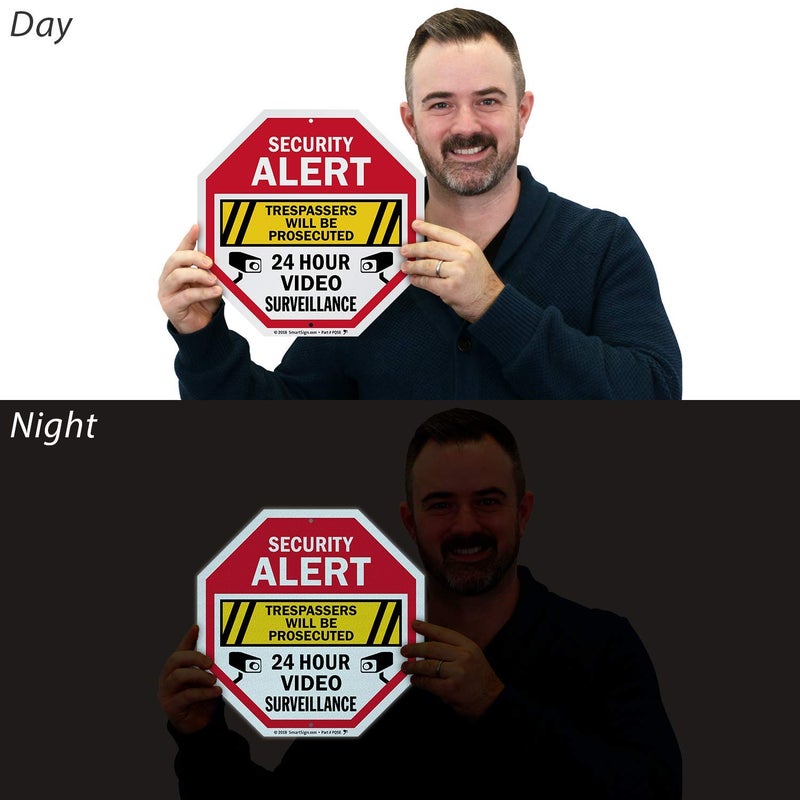 SmartSign Security Alert Sign - Trespassers Will Be Prosecuted, Video Surveillance 24 Hour Sign | 10x10 Octagon Metal, Reflective Aluminum, Outdoor/Wall/Fence, Made in USA - Image 4